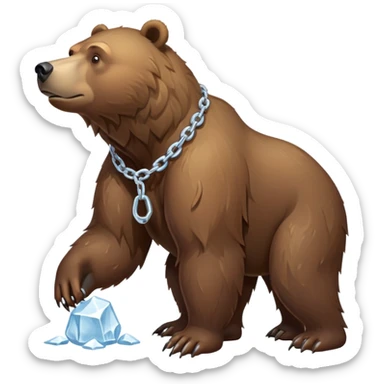 Full-body realistic brown bear on all four legs shown from head to tail, serious expression, complete view of the entire bear with simple ice chain around neck sticker