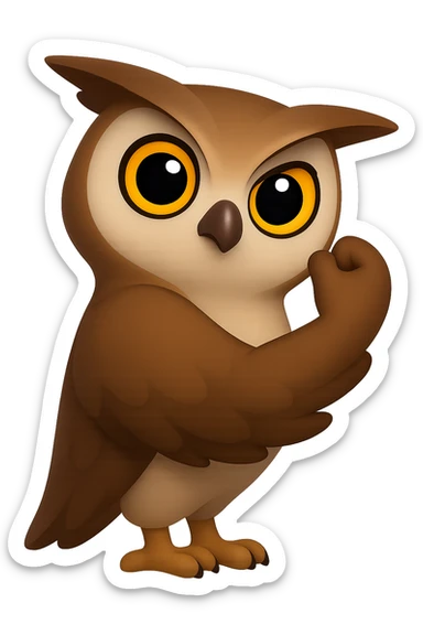 В стилистике эмоджи сгенерируй сову, она в позе со знаменитого плаката We can do it крылом, уверенным лицом и позой показывает уверенность в своих силах, прозрачный фон sticker