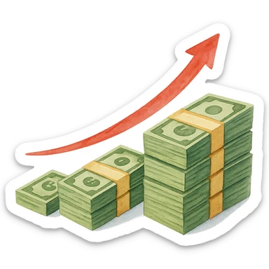 watercolor style upward trending arrow beside three stacks of bundled dollar bills in ascending height sticker
