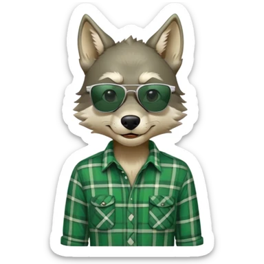 friendly anthropomorphised wolf in green plaid shirt and green attire for St. Patrick's Day, wearing dark sunglasses, upright pose sticker