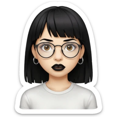 uma mulher snapchat icon, cor da pele normal, cabelo preto liso solto grande com franja vegana, curta, óculos pretos, com piercing na boca e nariz, olhos castanhos, camisa branca, a tela de fundo branca, coloque um piercing, um metal na boca e no nariz, cicatriz na sobrancelha, cor da boca preto,  sticker