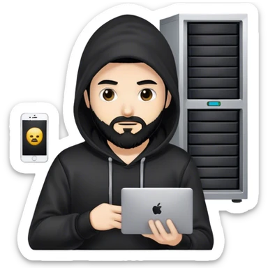 hackeur blanc cheveux noir barbe et capuche noir à côté d'un server sticker