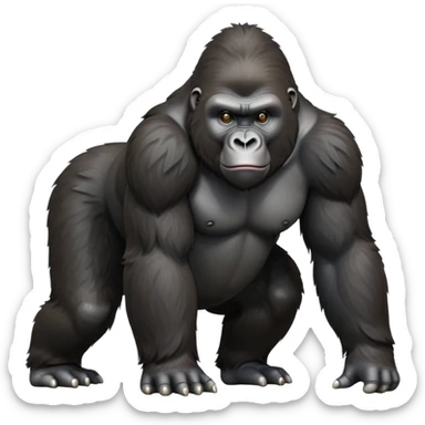 cinematic-gorilla-realistic-full-body-on-all-fours-emoji,-exuding-strength,-thick-dark-fur-in-the-light,-head-tilted-dramatically,-deep-friendly-eyes-filled-with-intense-intelligence,-simplified-yet-realistic-focused-features,-highly-detailed, zoomed out friendly  sticker