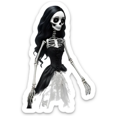 full height skeleton, tim burton "corpse bride", thin porcelain doll with a cracked face, goth makeup watery eyes, long hair, lace and ruffles, lolita style, inked, black and white, red roses, gothic castle with roses sticker
