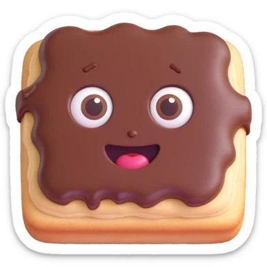 Rectangular chocolate mini pastry, slightly tilted, squished chocolate, crazy wide eyes, open mouth, text above: "ПАСТИЧКА", chibi style, Twitch emoji style, transparent background, colorful sticker