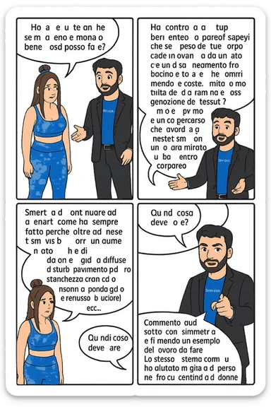 TRASFORMA QUESTO CAROSELLO IN UN FUMETTO CON QUESTE DUE PERSONE IDENTICHE CHE INTERLOQUISCONO TRA LORO:

Ho la cellulite anche se mi alleno e mangio bene, cosa posso fare?

Hai controllato il tuo baricentro corporeo?
Sapevi che se il peso del tuo corpo cade in avanti o da un lato, c’è un disallineamento fra bacino e torace, che comprimendo le coste, limita la motilità del diaframma e l’ossigenazione dei tessuti?
Il mio è il primo e unico percorso che lavora sugli inestetismi con un lavoro mirato sul baricentro corporeo.

Smettila di continuare ad allenarti come hai sempre fatto perché, oltre ad inestetismi visibili, corri un aumentato rischio di:
    • dolori e rigidità diffuse
    • disturbi pavimento pelvico
    • stanchezza cronica o insonnia
    • pancia gonfia e reflusso (bruciore)
    • etc…


Quindi cosa devo fare?
Commenta, qua sotto, con “simmetria” e ti mando un esempio del lavoro da fare. Lo stesso sistema con cui ho aiutato migliaia di persone, fra cui centinaia di donne a risolvere definitivamente gli inestetismi.
Metterei il prima e dopo

Se vuoi che ti aiuti personalmente
SCRIVIMI IN DIRECT sticker