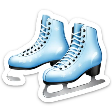 An icon showing In the background, twinkling lights, winter trees, and blue sky. a pair of elegant ice skates gliding across a smooth, frozen rink with snowflakes in the air. Transparent background highlights the grace and charm of ice skating. sticker