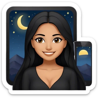 beautiful woman, with long straight black hair, with make up, black eye liner, smile, mexican, brown skin, wearing beautiful sexy black outfit, she’s wishing good night sticker