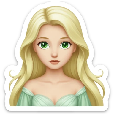 Desdemona from Otello with white skin, green eyes, long blonde hair, white outfit sticker