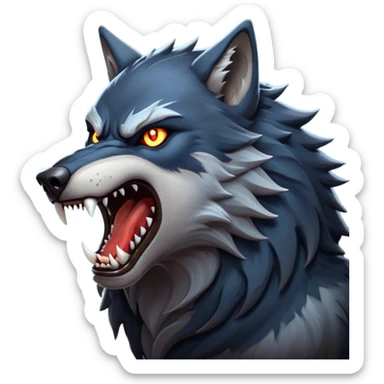 cinematic-noble-fierce-werewolf-howling-portrait-emoji, poised-and-imposing, with a fierce wolfish face tilted upwards in a haunting howl, glowing eyes full of primal ferocity, sharp, elongated fangs bared, and a rugged snout, fur rippling in shades of midnight black and silver, muscles tensed as the powerful howl echoes beneath the moonlit sky; rendered with realism, capturing the raw, untamed power of the beast in its wild, primal state sticker