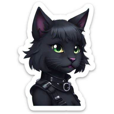 Gorgeous furry gothic dark techwear anime style anthro black cat furry sona Fakemon with blushing face aesthetic and pretty edgy black with collar and harness trending style sticker