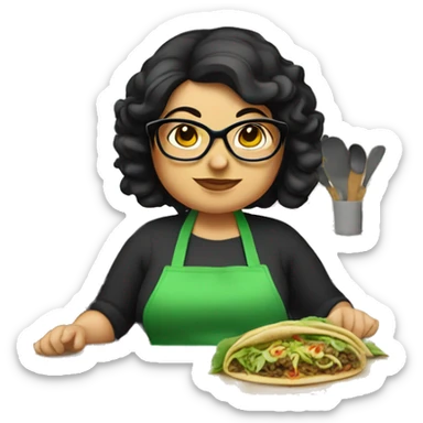 chubby lady with black hair green apron  with glasses cooking tacos sticker