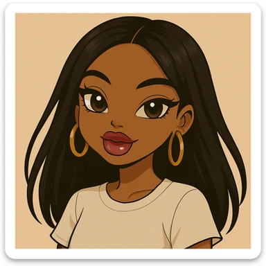 Change her expression to happy, headshot only, 20-year-old anime Bratz style woman with dark skin, straight hair, more casual outfit, big expressive eyes, glossy lips, no hat, no tears, looking straight ahead. The style should reflect anime Bratz aesthetics with vibrant colors and expressive features. sticker