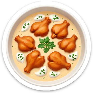 Butter Chicken Cinematic Realistic Butter Chicken Dish Emoji, depicted as tender chicken pieces sliced up and bathed in a creamy white sauce garnished with fresh cilantro, rendered with rich textures and vibrant, appetizing lighting. sticker