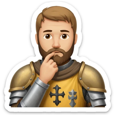 Hazme el emoji de un caballero medieval con actitud muy masculina en diversos estados de animos de los caballeros teutonicos pensativo tocandose la barbilla con la mano sticker