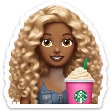Barbie girl with brown and blonde ombré long curly hair holding Pink starbucks refresher sticker