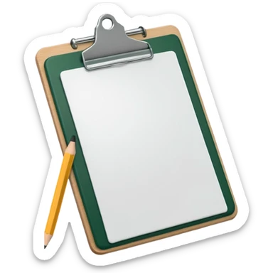 white sheet of paper with dark green clipboard and pencil on top, iOS emoji style, minimalism sticker