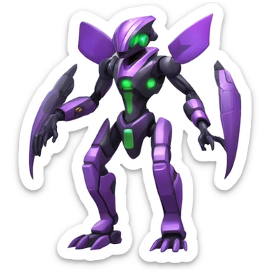 a shiny black-green-purple Genesect-Raptor-Fakémon-Medabot-hybrid with a futuristic visor-helmet full body sticker