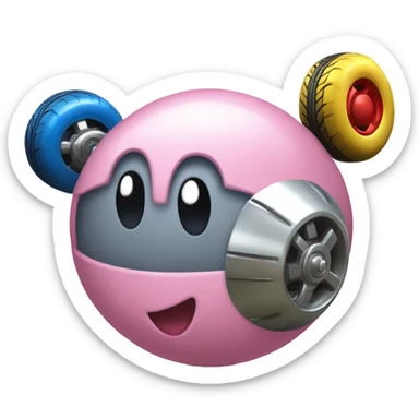 Metal cute Kirby ball driving on 4 car wheels sticker