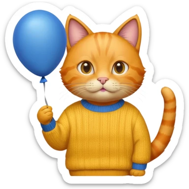 orange Cat hold blue balloon, yellow sweater sticker
