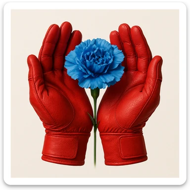 Two red batting gloves, palms facing out and held together, artistically forming a blue carnation flower. sticker