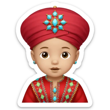  baby boy dressed in colorful ghalibiya with delicate decorations with a red Moracain hat sticker