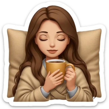 long brown hair woman closed eyes covered with cozy wool beige blanket, holding cup of coffee, autumn mood sticker