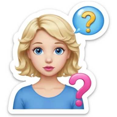 Girl Blonde short wavy hair,  blue eyes, cute blue top, long lashes, pink lips, question mark bubble sticker