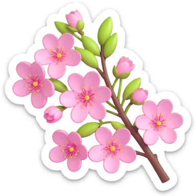 Add dewdrops on the cherry blossom flowers and branch, keep the background transparent, in iOS 3D emoji style. sticker