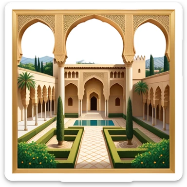 ​Cinematic Realistic Alhambra, depicted as a panoramic, zoomed-out view of the entire majestic Moorish palace complex with intricate arches, expansive courtyards, and lush gardens, bathed in soft golden lighting that highlights its opulent historical beauty, sticker