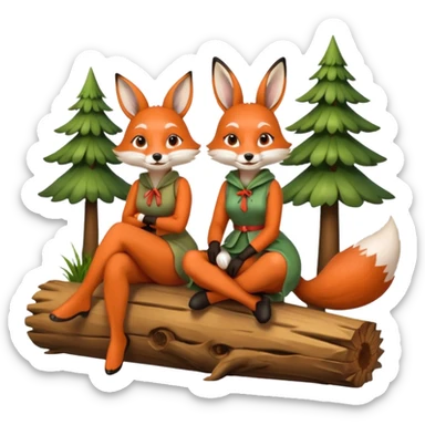 two forest women dressed as fox and rabbit sitting together on log sticker