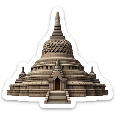 Cinematic Realistic Borobudur Landmark Emoji, showcasing the majestic ancient Buddhist temple rendered with intricate textures and serene, historic lighting. sticker