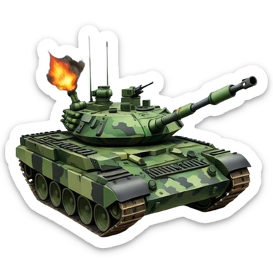 T-90M (2022) – Cinematic-realistic T-90M tank, its angular black and green camouflage slicing through a muddy battlefield. The reactive armor panels gleam under missile flashes, and its remote-controlled machine gun turret swivels as it advances through a smoldering village, leaving deep tracks in the scorched earth. sticker