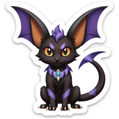 dark spooky badass cool shiny glossy smooth soft Black edgy Noivern-Noibat-Purloin-Torracat-Lykoi-Caracal-cat-Fakemon-fusion-hybrid-creature with bat wings on head as ears, big fangs, gothic markings sticker