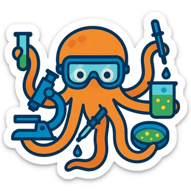 Add lab goggles to the octopus while keeping the science tools in each tentacle. The style should be vibrant and playful with a transparent background. sticker