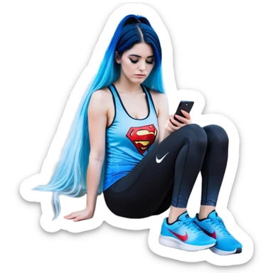 Shameful disappointed crying-very very very very big chest-texting on a samsung cell phone-very long straight flowing black to sky blue hair ombre-blue eyes-black eyeliner-long eyelashes-plastic sparkling sky blue very low cut tank top with sparkling superman logo-black leggings-nike sneakers sticker