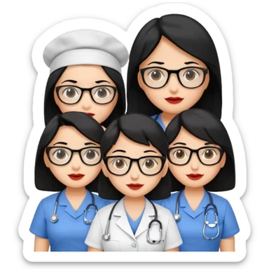 Genera emogis de 4 cuatro enfermeras de cabello negro largo, entre ellas que una tenga lentes y otra un lunar encima de los labios sticker