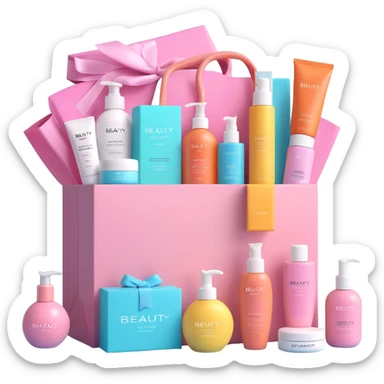 Gift bag with beauty products (shampoo, creams, styling products), a gift bag is beautyful open box full of luxury brand-labeled beauty products sticker