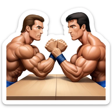 Arnold Schwarzenegger and Sylvester Stallone from 'Over the Top,' locked in an arm wrestling battle, using only their right hands. Their left hands rest on the table. Both display immense strength, with muscular arms flexing, under bright competition lights. Transparent background. sticker