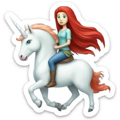 [
	{ a light green Amazon alien woman [ with red hair, with blue eyes]} 
	on a 
	[{ unicorn:[white, four-legged, light blue mane}]]] sticker