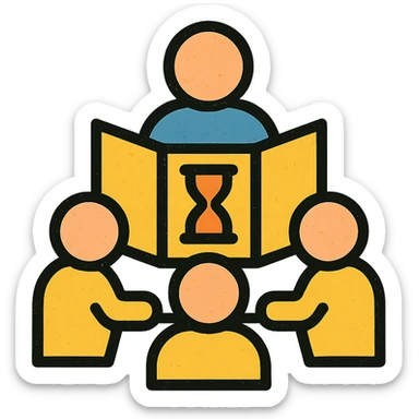 minimalist icon of players and a game master collaborating around a table or DM screen, with a clock or hourglass representing a multi-day marathon, worn and distressed look sticker