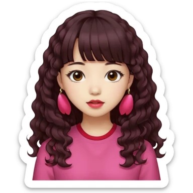 Korean girl, red top, black brown hair, brown eyes, long curly hair, aesthetic, long hair, hime cut, blunt bangs, pink lip, Cool girl sticker