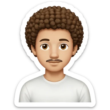 17 year old light-skinned boy with slightly brown smaller eyes, small mustache above lip, very curly hair like a small afro with cut sides, one single curl like an antenna falling on forehead, wearing a tight white shirt sticker