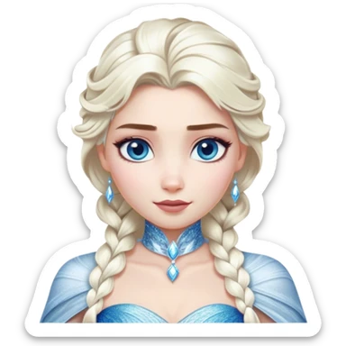 Cinematic Realistic Elsa Portrait, depicted with lifelike skin texture, soft natural lighting, and intricately detailed platinum blonde hair styled elegantly. Her striking, expressive blue eyes exude confidence and grace, complemented by a serene and regal expression. She is dressed in her signature icy attire, with shimmering fabric textures and delicate folds that catch the light beautifully. The portrait features a soft, enchanting glow with a cool, radiant finish, capturing the essence of timeless elegance in a realistic and painterly style, evoking a sense of depth and authenticity. sticker