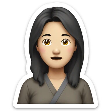 Middle-aged Korean woman in her 40s, with only one hand on her head, distressed face, black hair sticker