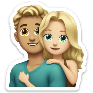 A 22-year-old plump boy, blue-green eyes, short brown hair hugs a girl with long wavy blond hair, blue-eyed sticker