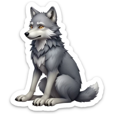 cinematic-[wolf]-realistic-full-body-sitting-emoji,-tail-resting-loosely-beside-its-paws,-head-tilted-dramatically, -scruffy-[grey]-fur,-simplified-yet-realistic-focused-features,-highly-detailed,-glowing-with-an-almost-sarcastic-glow sticker