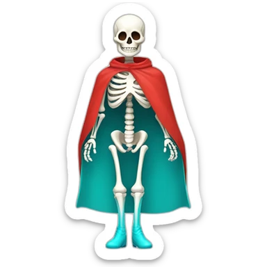 a male skeleton with his rib cage showing and a white top and cyan bottom and red boots and red gloves and a red short cape sticker