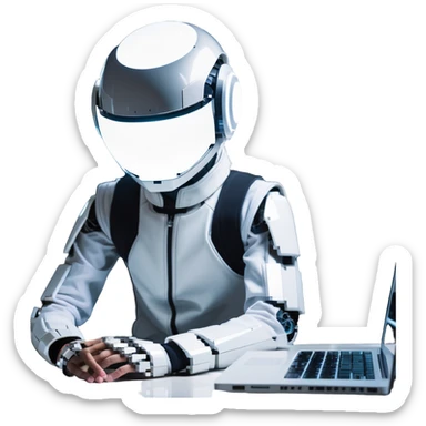 futuristic tech boy wearing a sleek robot helmet with a glowing white circle light in the center, sitting in front of an advanced high-tech laptop, neon-lit cyberpunk room with holographic displays and gadgets, focused posture, soft reflections on helmet, mysterious atmosphere sticker