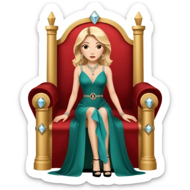 Lilith symbol light brown eyes. Woman of justice and power. Shoulder  length blonde haired  woman with Gucci, and designer bags next to her. Wearing long elegant dress with slit, sitting on a throne and diamonds everywhere around her. Black Platform high heels on feet. designer bags around her.  sticker